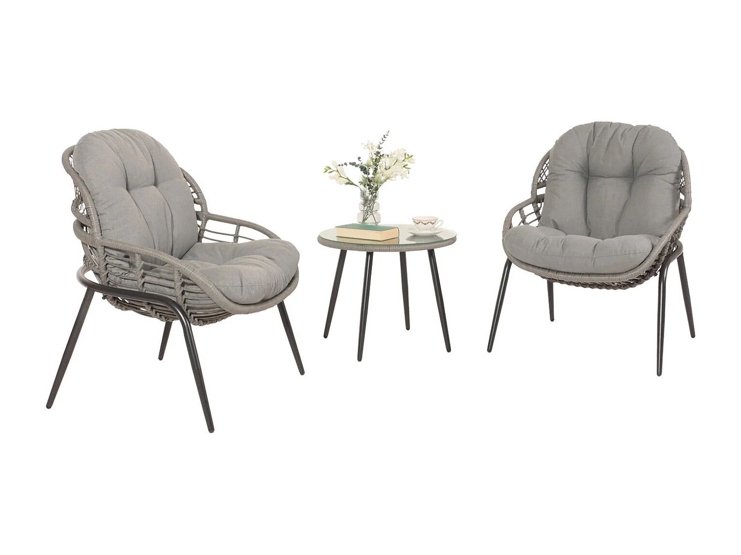 Conjunto em poli-rattan MCW-N33 (3 peças),  cinzento, estofo cinzento escuro