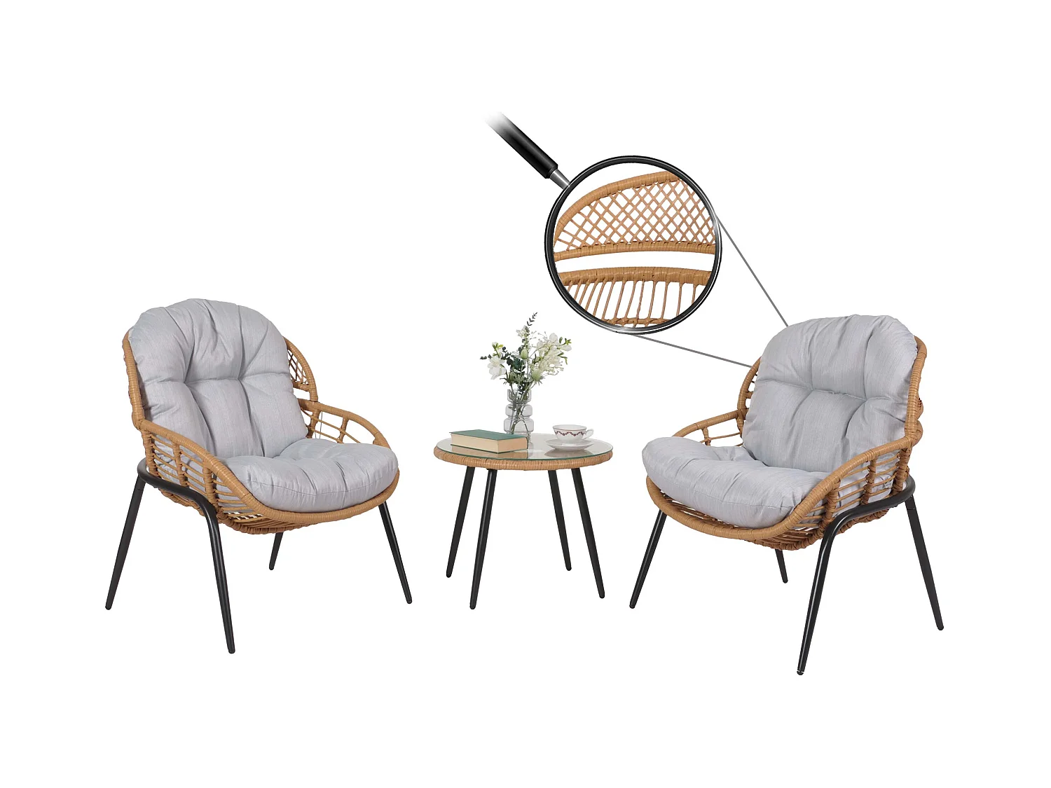 Zestaw polirattanowy MCW-N33 (3-częściowy),  kolor naturalny, tapicerka jasnoszara