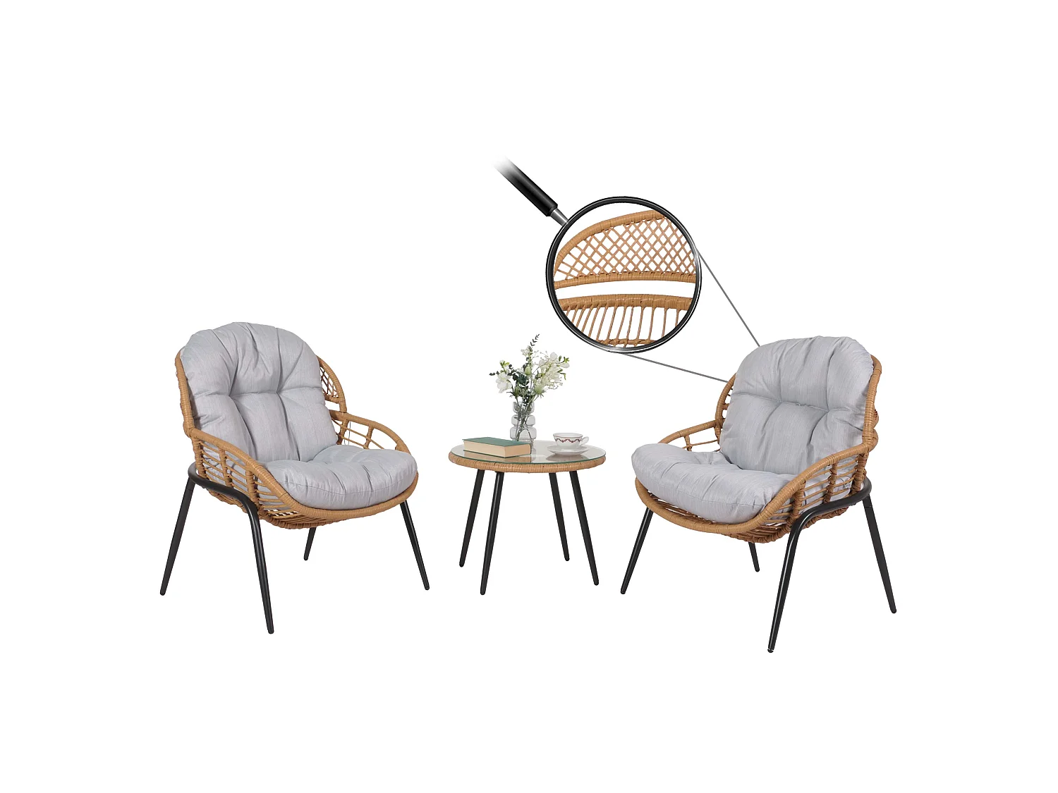 Poly-Rattan Garnitur MCW-N33 (3-teilig), Naturfarben, Polster hellgrau