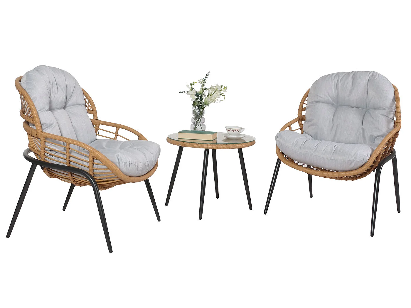 Poly-Rattan Garnitur MCW-N33 (3-teilig), Naturfarben, Polster hellgrau