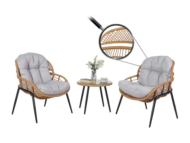 Poly-Rattan Garnitur MCW-N33 (3-teilig), Naturfarben, Polster hellgrau