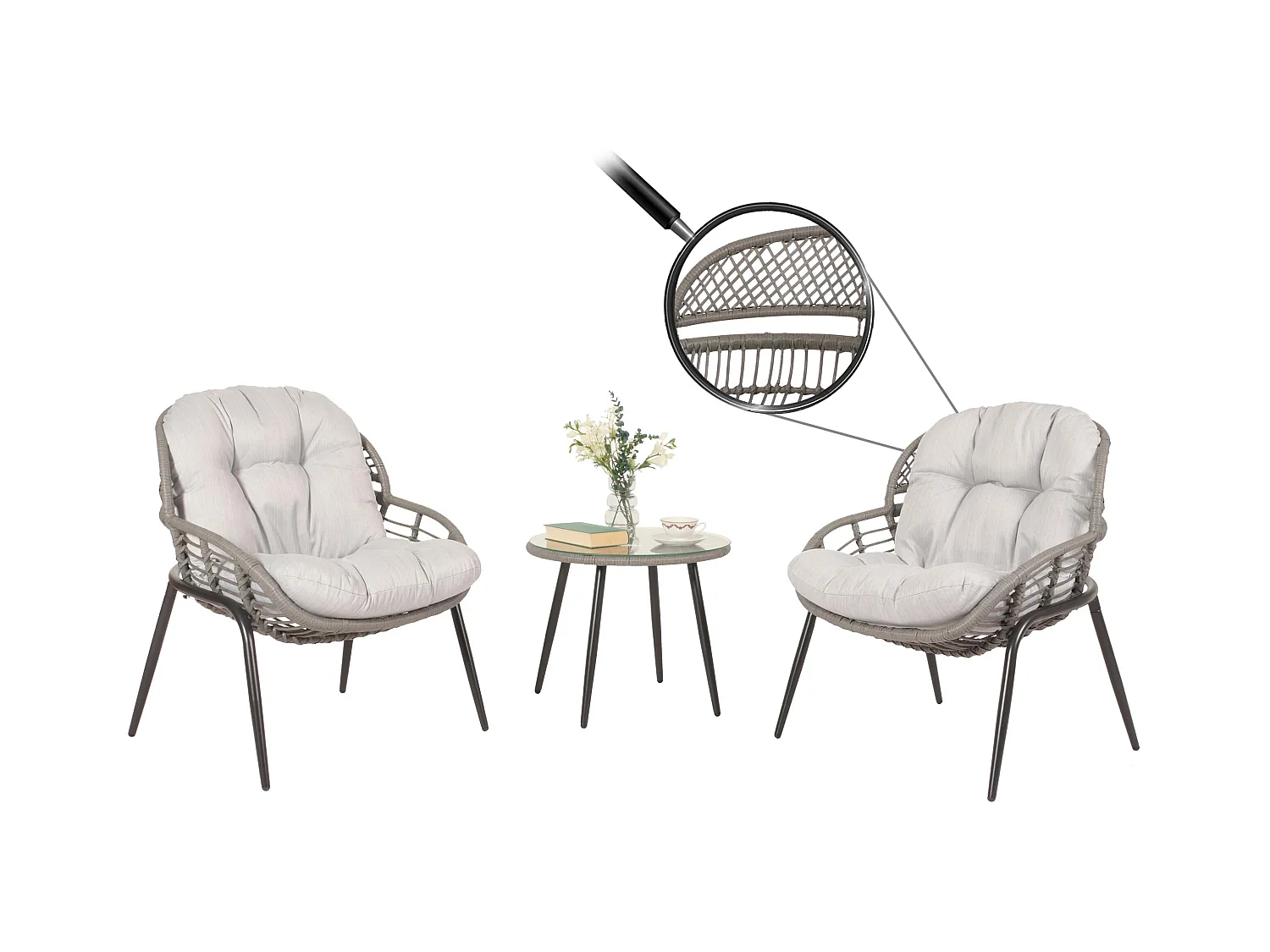 Juego de polirratán MCW-N33 (3 piezas),  gris, tapicería gris claro