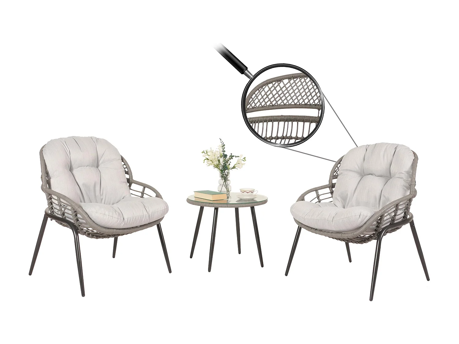 Zestaw polirattanowy MCW-N33 (3-częściowy),  szary, tapicerka jasnoszara