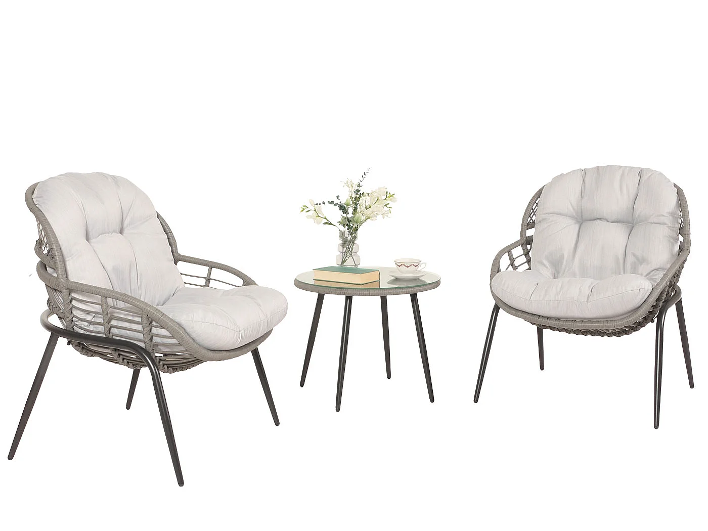 Poly-Rattan Garnitur MCW-N33 (3-teilig), Grau, Polster hellgrau