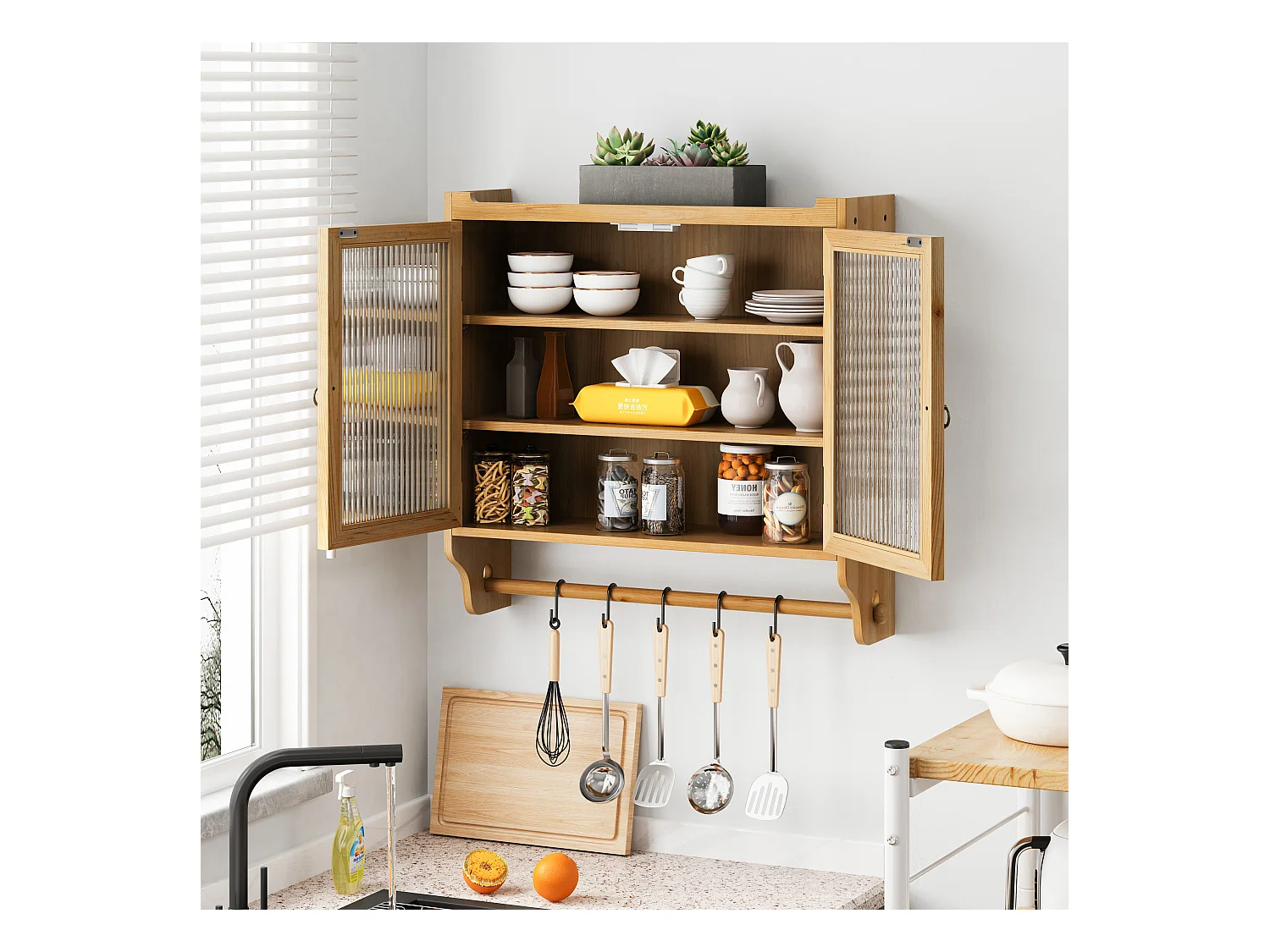 Consola de pared rectangular natural - Consola de pared con almacenamiento de tres niveles y toallero - para baño y comedor