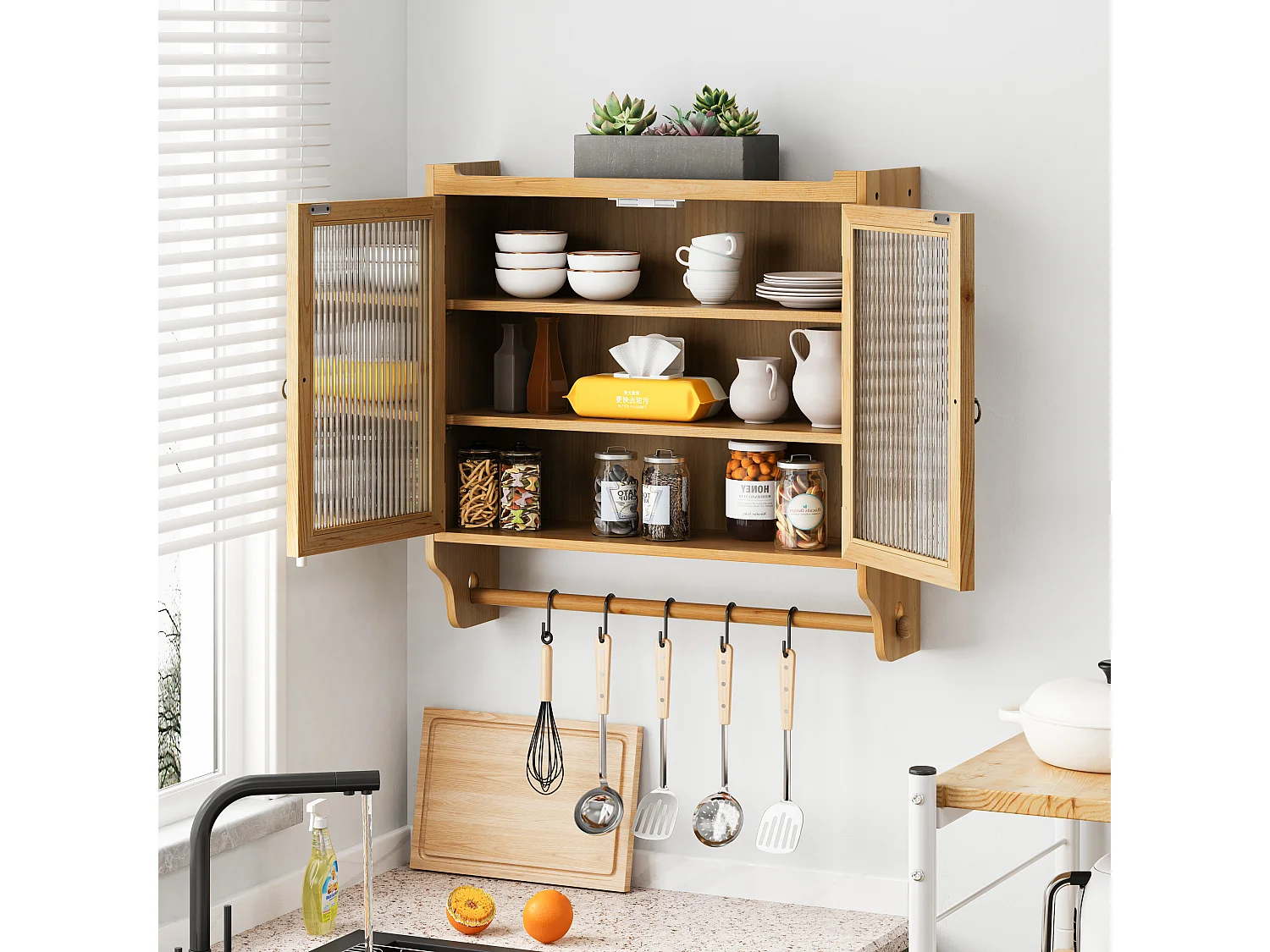 Console murale rectangulaire naturel - Console murale avec rangement à trois niveaux et porte-serviettes - pour salle de bain et salle à manger