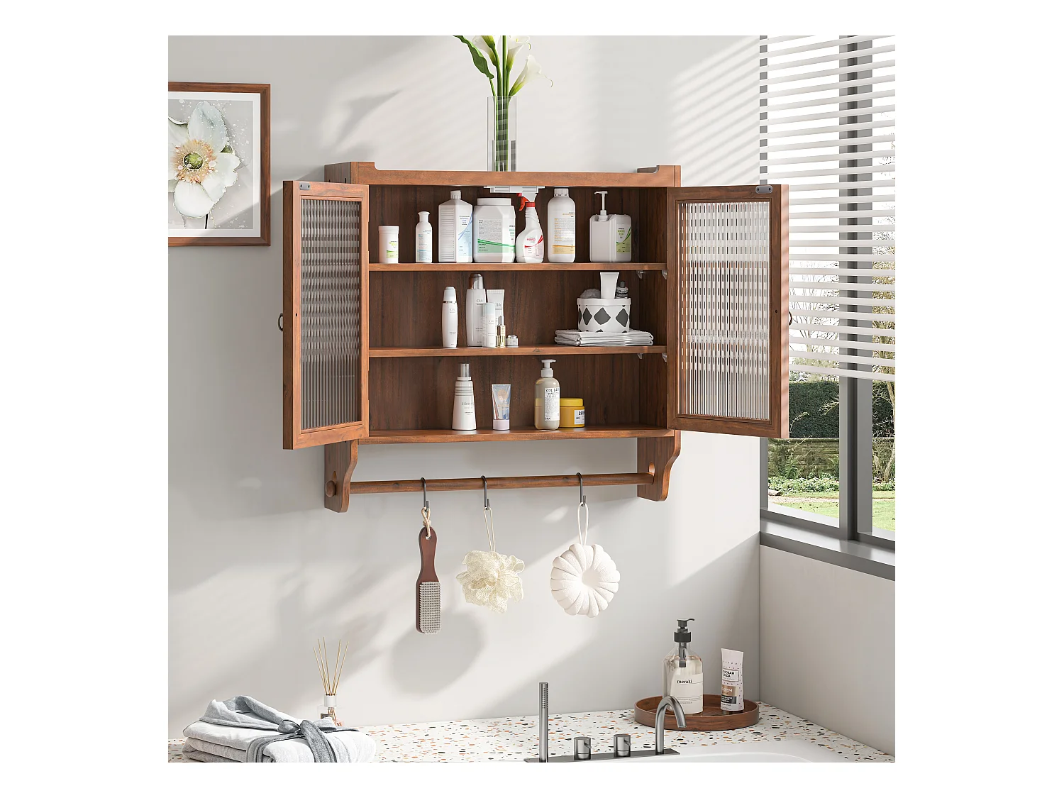 Braune rechteckige Wandkonsole – Wandschrank mit dreistufiger aufbewahrung und handtuchhalter – für badezimmer und esszimmer