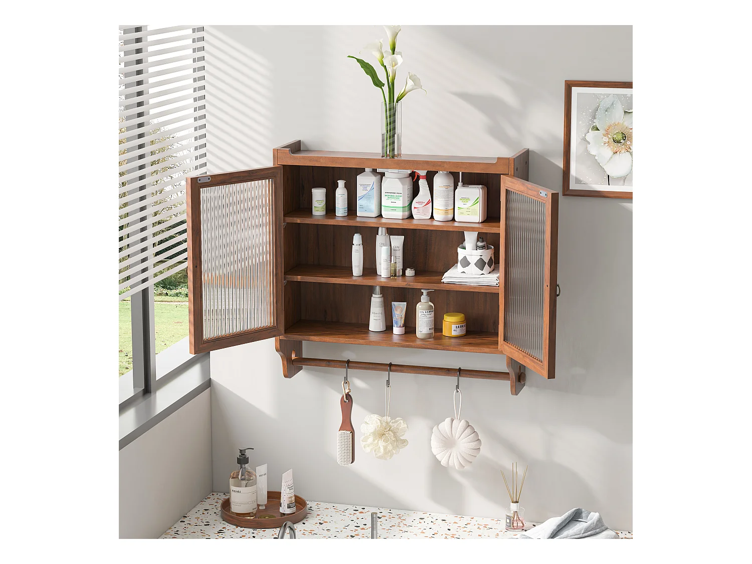 Braune rechteckige Wandkonsole – Wandschrank mit dreistufiger aufbewahrung und handtuchhalter – für badezimmer und esszimmer