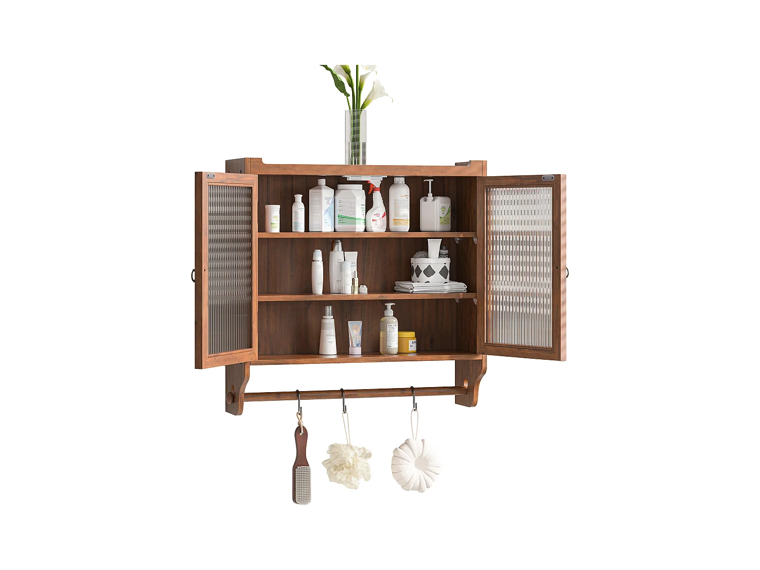 Braune rechteckige Wandkonsole – Wandschrank mit dreistufiger aufbewahrung und handtuchhalter – für badezimmer und esszimmer