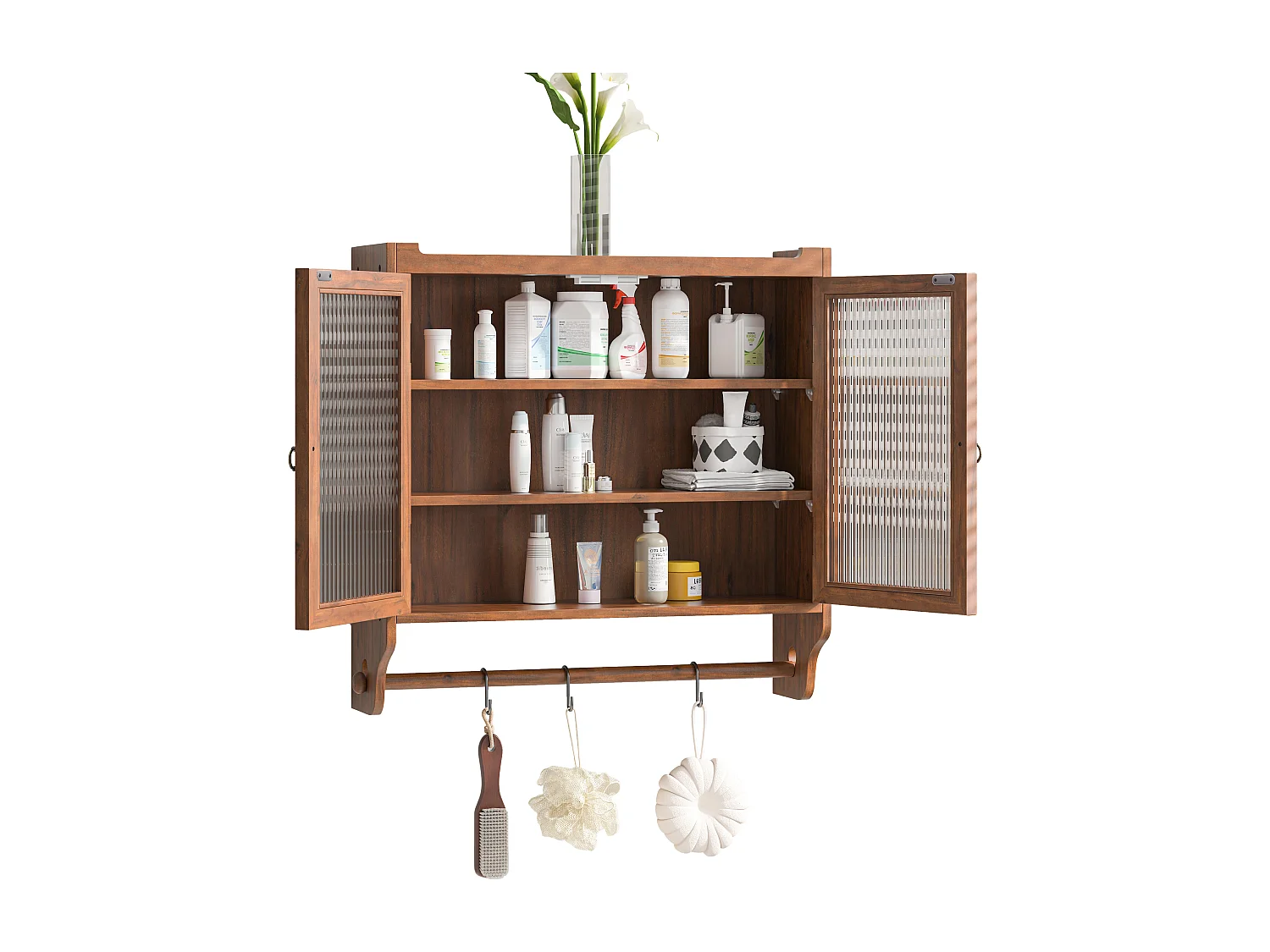 Braune rechteckige Wandkonsole – Wandschrank mit dreistufiger aufbewahrung und handtuchhalter – für badezimmer und esszimmer