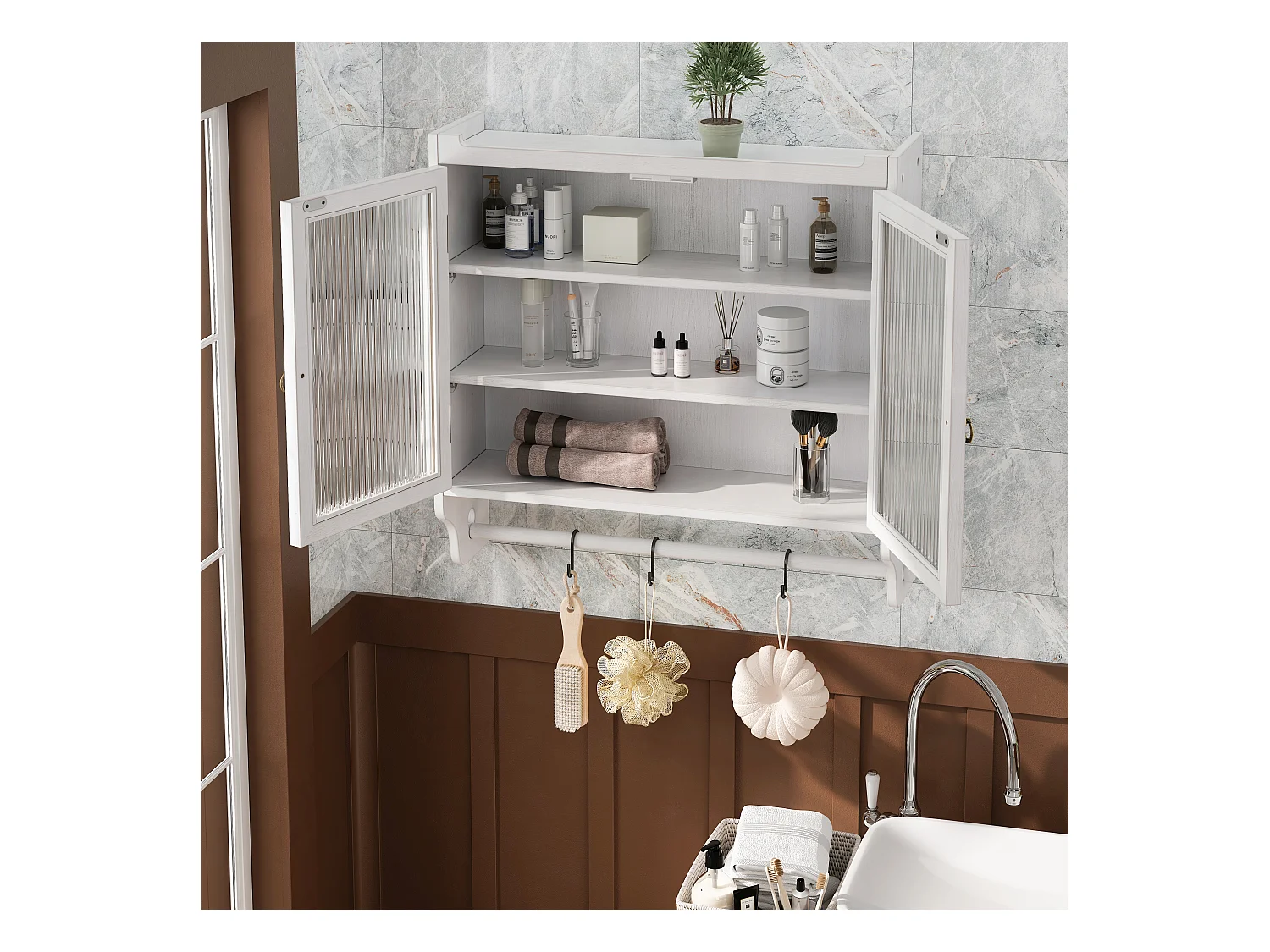 Console murale rectangulaire blanc - Console murale avec rangement à trois niveaux et porte-serviettes - pour salle de bain et salle à manger