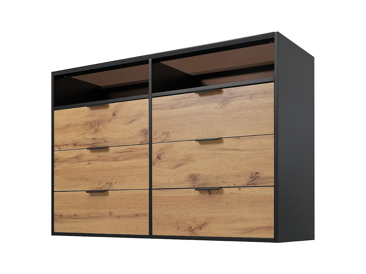 Commode à 6 tiroirs - 2 compartiments - poignées en métal et verre ambré - pour salle à manger et salon