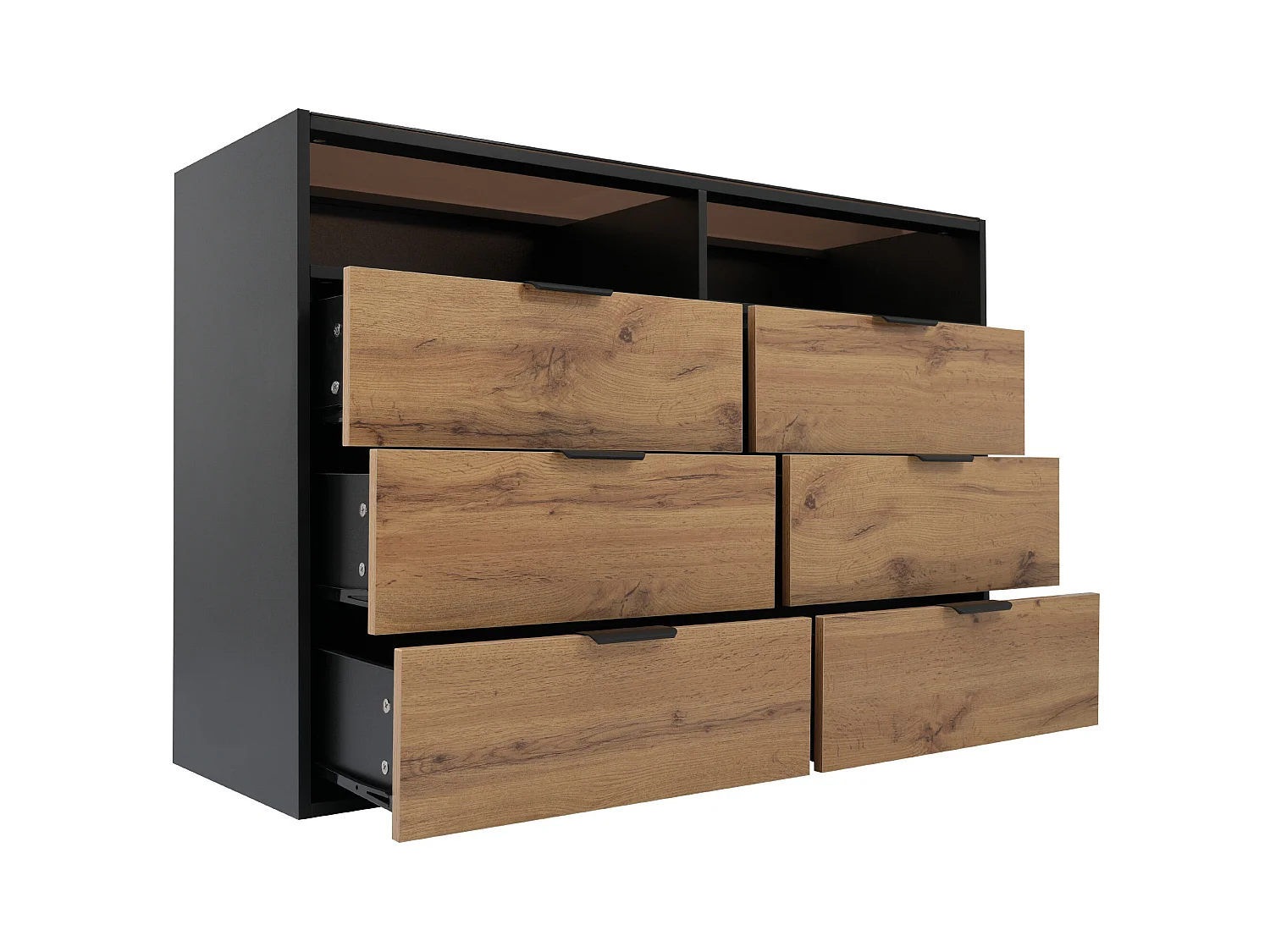 Commode à 6 tiroirs - 2 compartiments - poignées en métal et verre ambré - pour salle à manger et salon