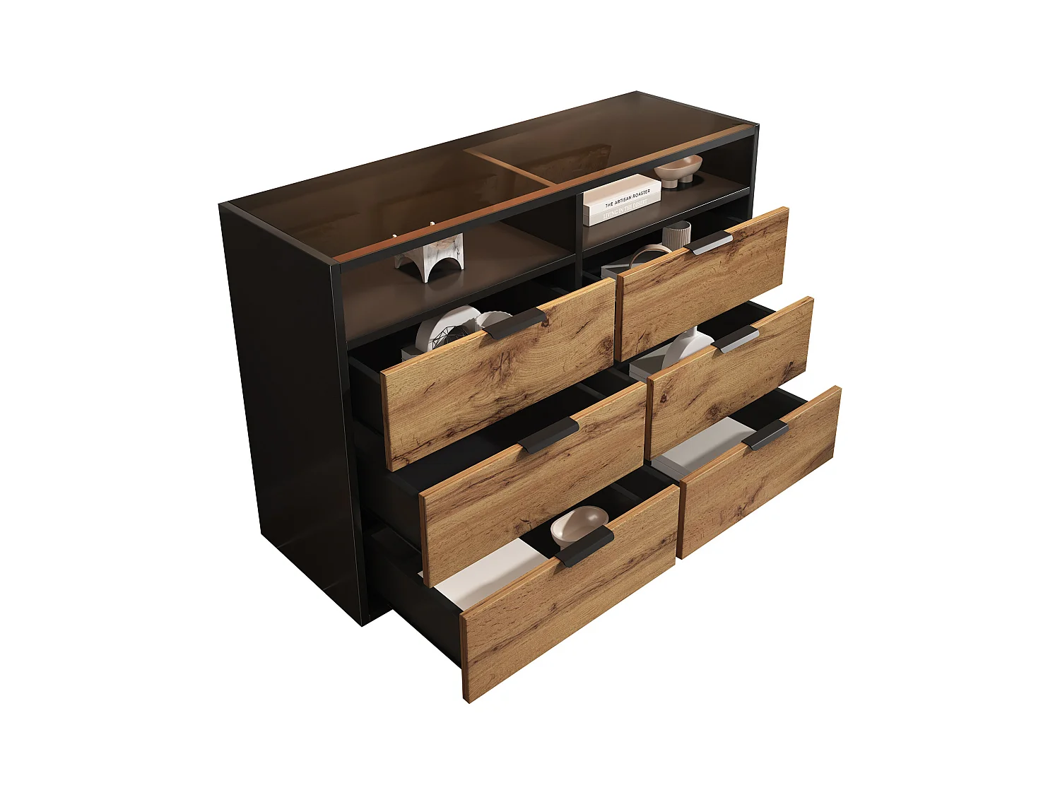 Commode à 6 tiroirs - 2 compartiments - poignées en métal et verre ambré - pour salle à manger et salon