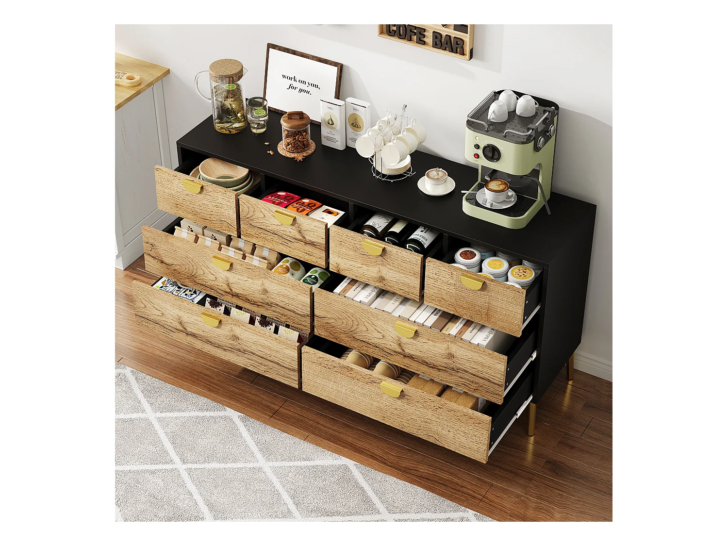 Commode 8 tiroirs - Commode avec poignées en métal doré - pour salon et salle à manger