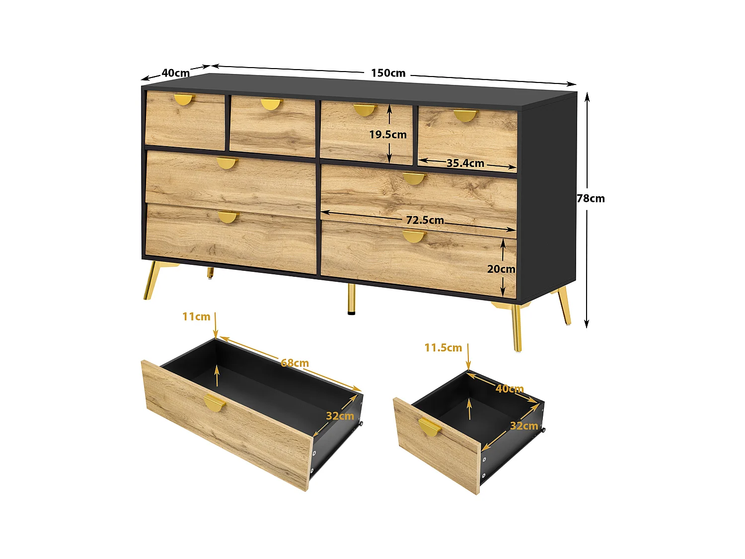 Commode 8 tiroirs - Commode avec poignées en métal doré - pour salon et salle à manger