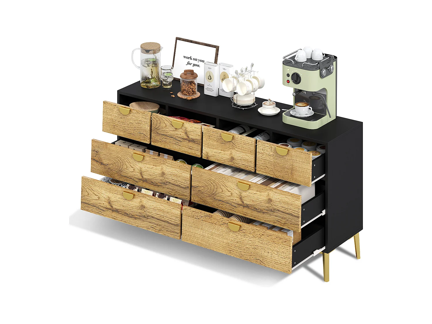 Commode 8 tiroirs - Commode avec poignées en métal doré - pour salon et salle à manger