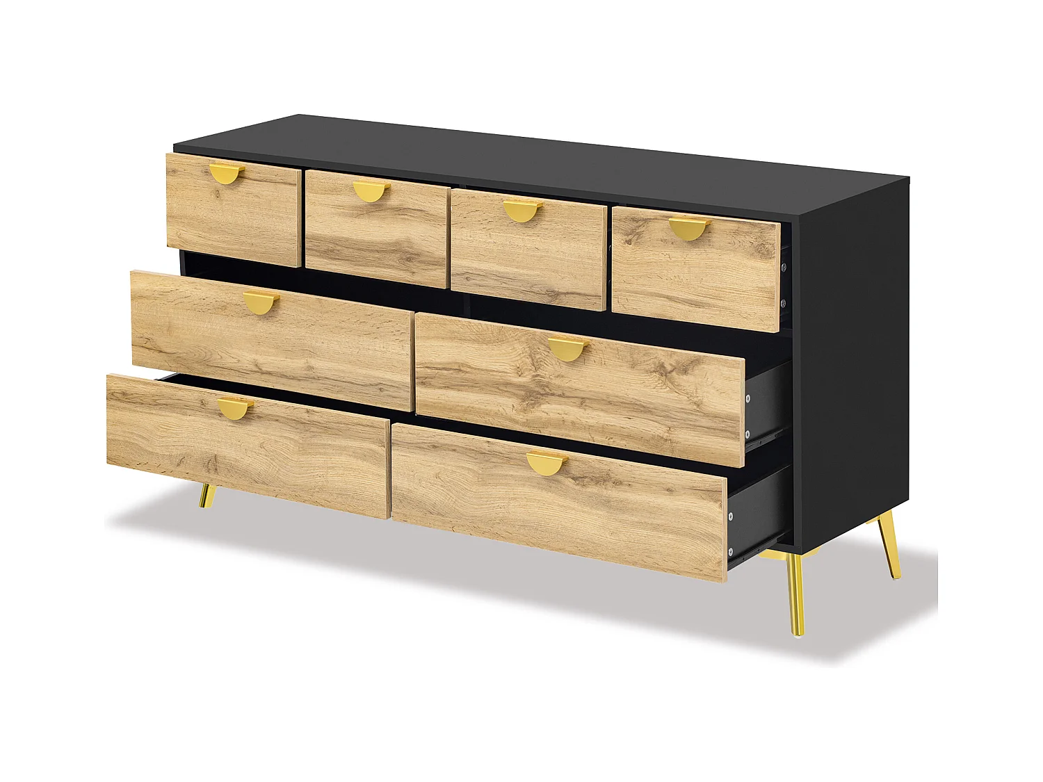 Commode 8 tiroirs - Commode avec poignées en métal doré - pour salon et salle à manger