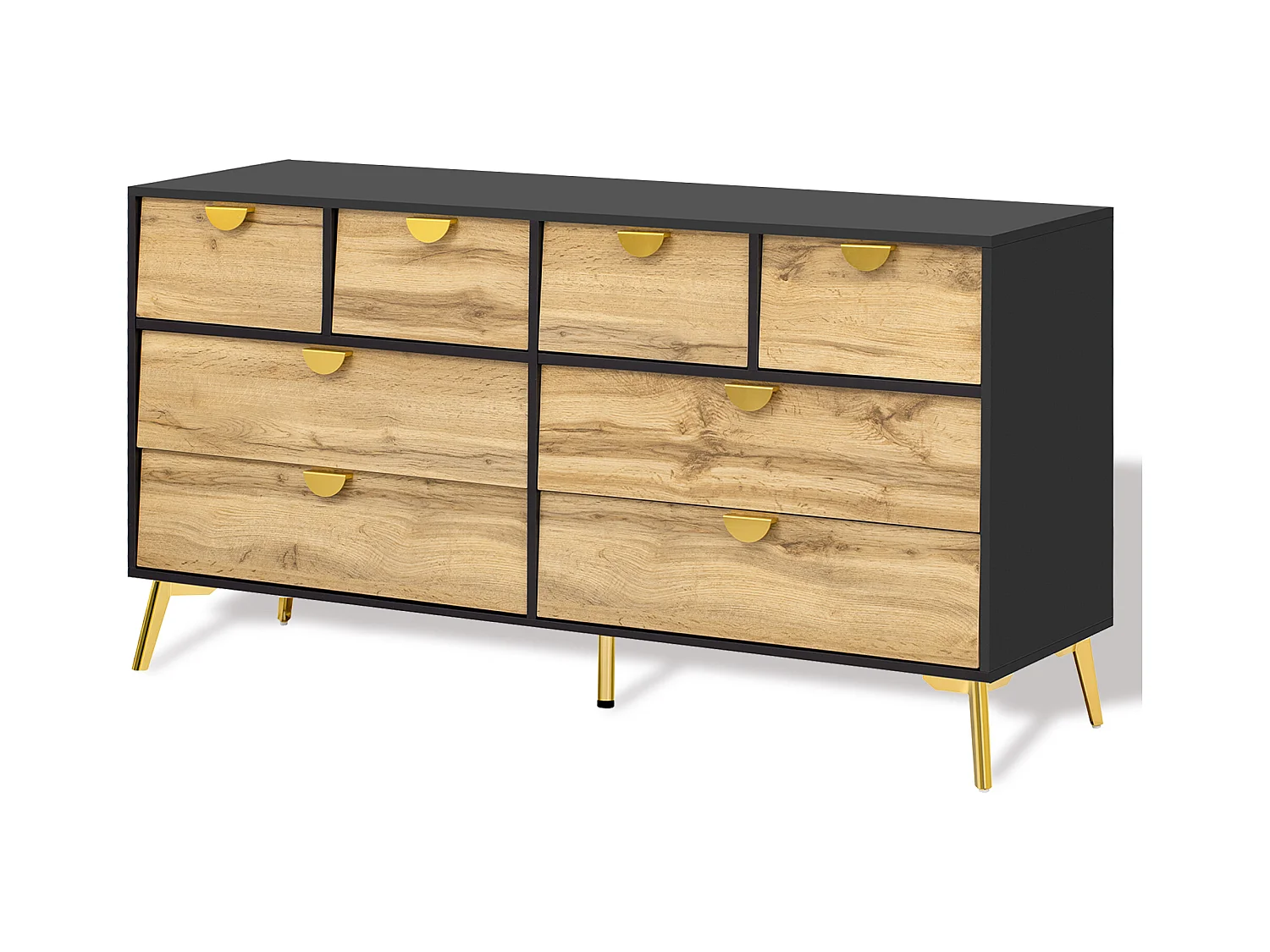 Commode 8 tiroirs - Commode avec poignées en métal doré - pour salon et salle à manger