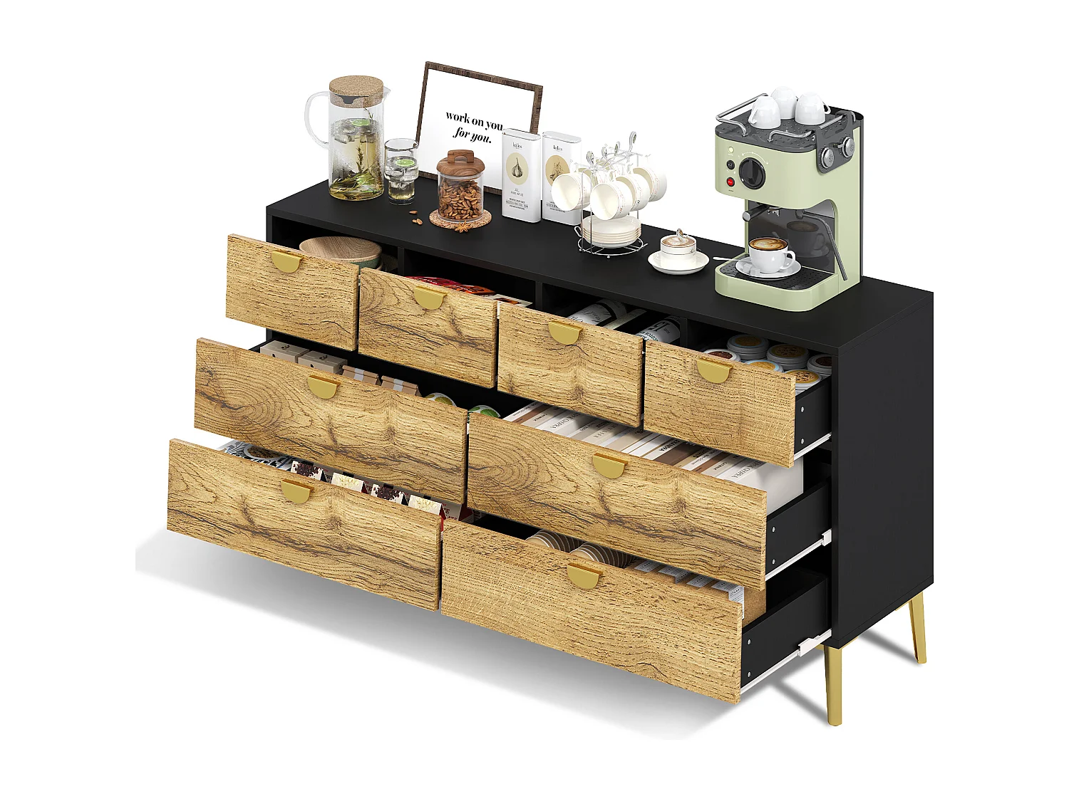 Bruine Dressoir - Dressoir met 8 lades en gouden metalen handgrepen - voor woonkamer en eetkamer