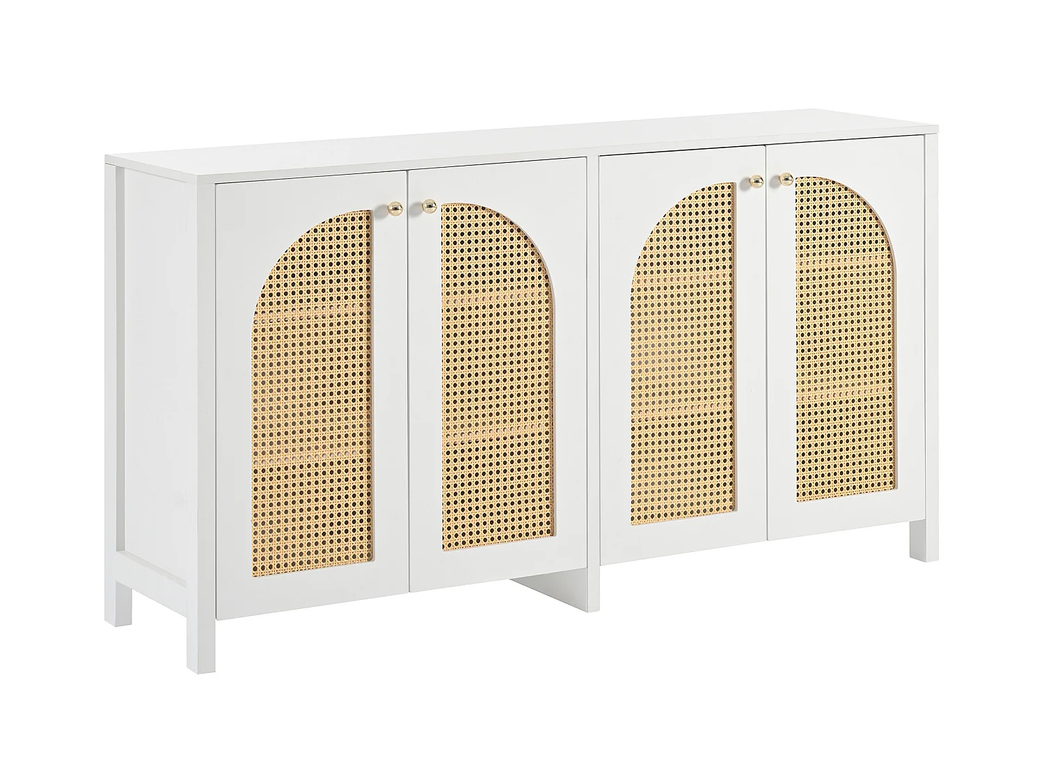 Buffet blanc - Buffet avec 4 portes en rotin et poignées en métal - pour salle à manger et salon
