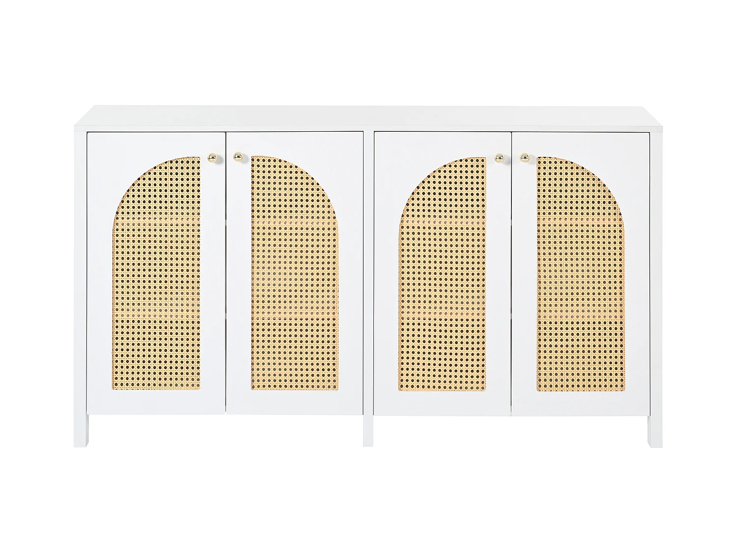 Buffet blanc - Buffet avec 4 portes en rotin et poignées en métal - pour salle à manger et salon