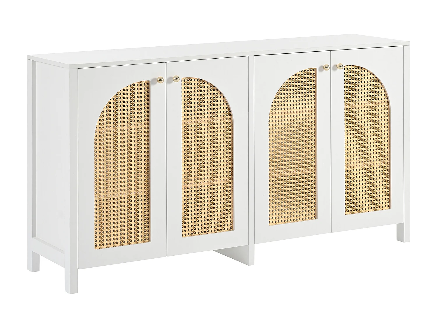 Buffet blanc - Buffet avec 4 portes en rotin et poignées en métal - pour salle à manger et salon