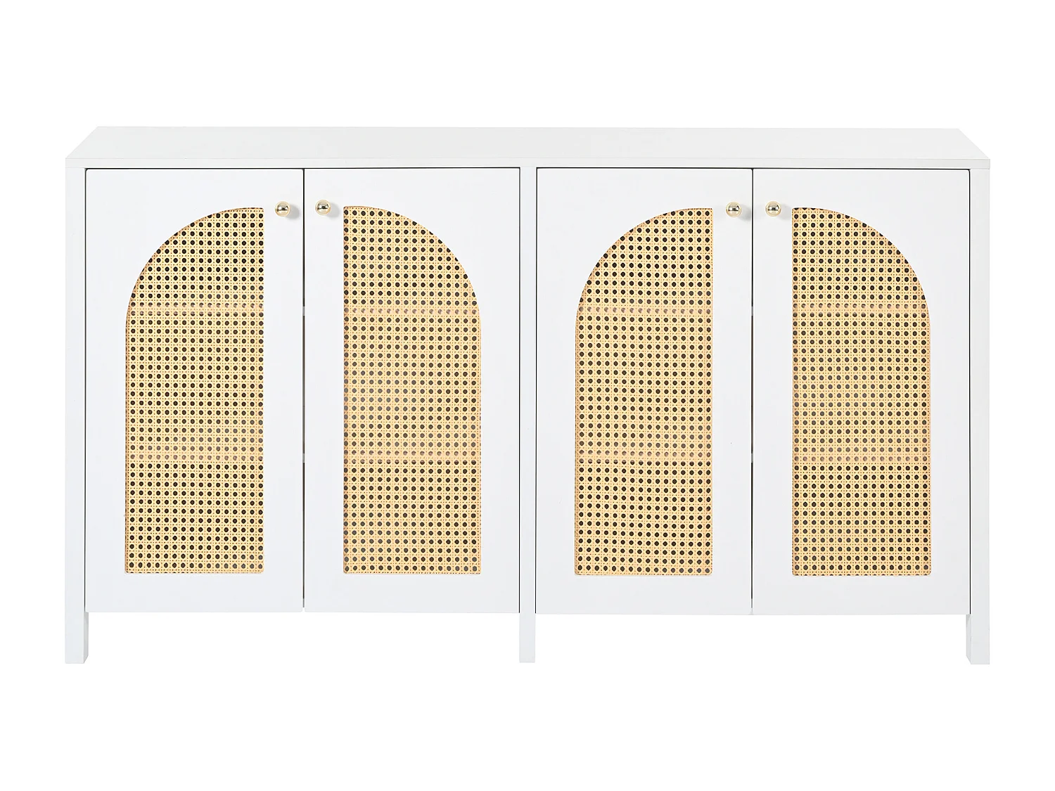 Buffet blanc - Buffet avec 4 portes en rotin et poignées en métal - pour salle à manger et salon