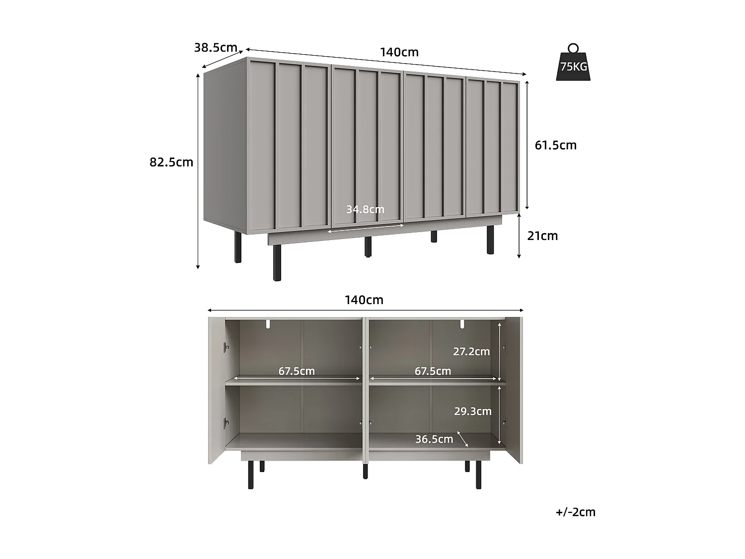 Buffet 4 portes - Buffet 5 pieds - compartiments réglables - gris