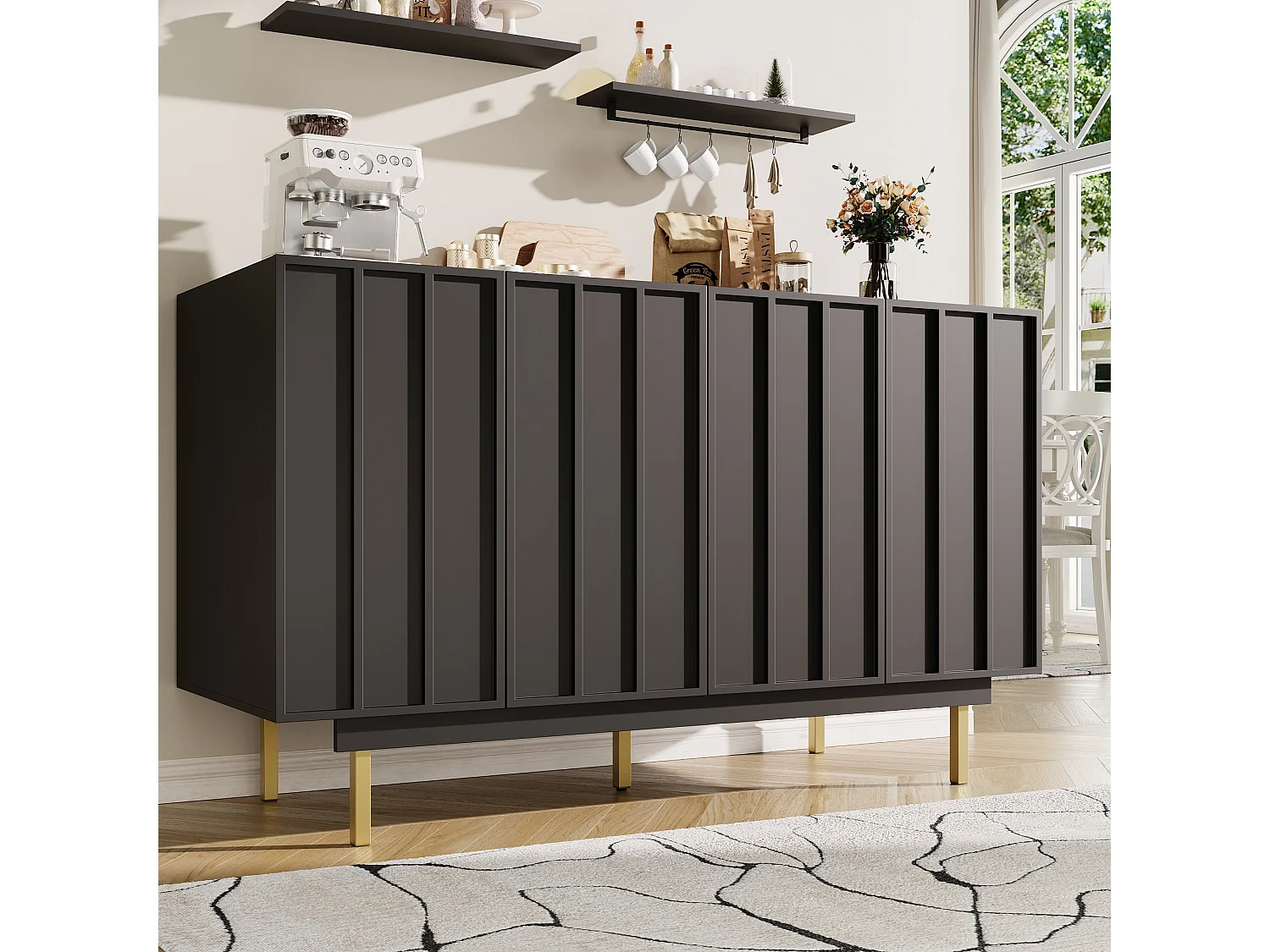 Buffet noir - Buffet à 4 portes et 5 pieds - compartiments réglables