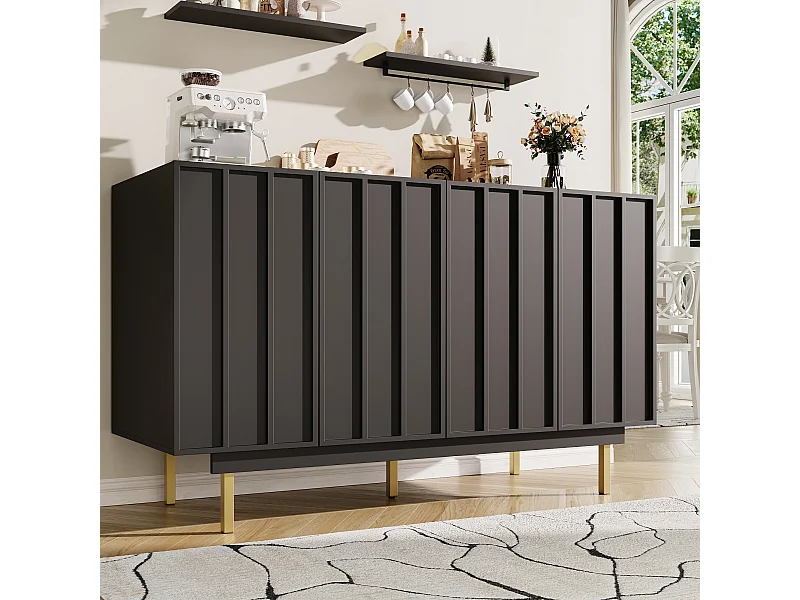 Zwarte Dressoir - 4-deurs, 5-poot Dressoir - Verstelbare compartimenten - voor eetkamer en woonkamer