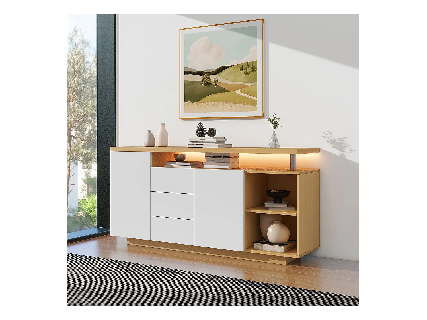 Buffet naturel 140 cm - Buffet avec 3 tiroirs et 2 portes - éclairage LED et 2 rangements ouverts - pour salle à manger et salon
