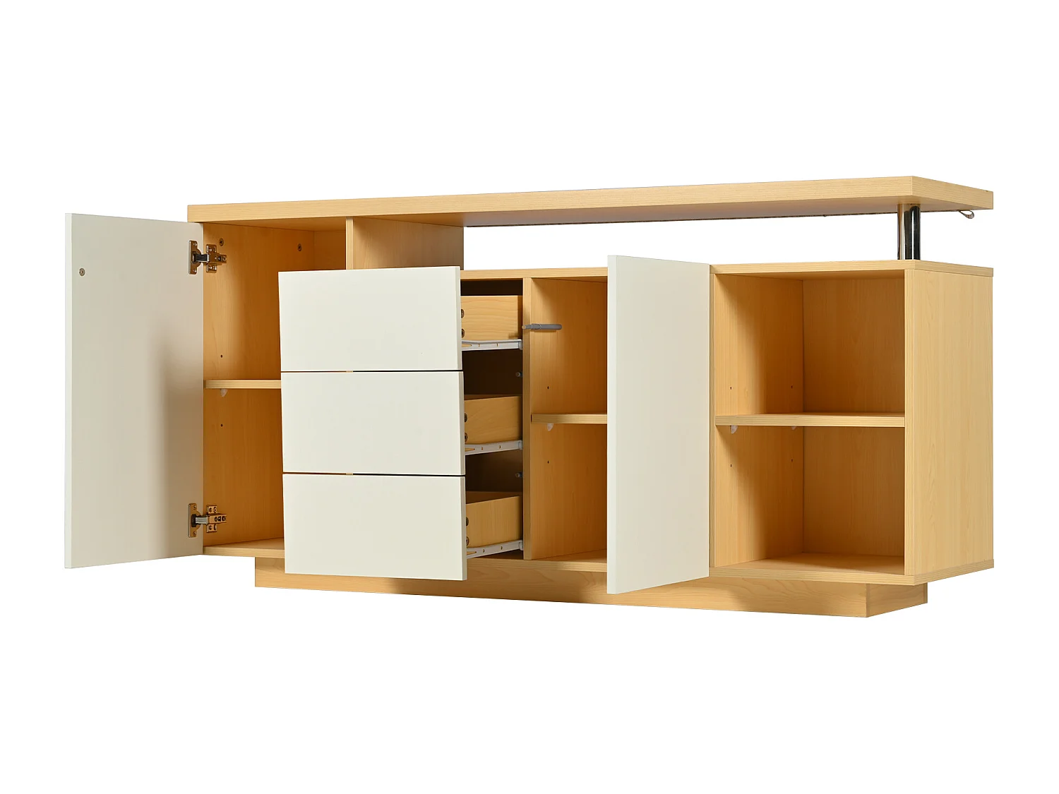 Natuurlijke dressoir 140 cm - Dressoir met 3 lades en 2 deuren - LED-verlichting en 2 open opbergvakken - voor eetkamer en woonkamer