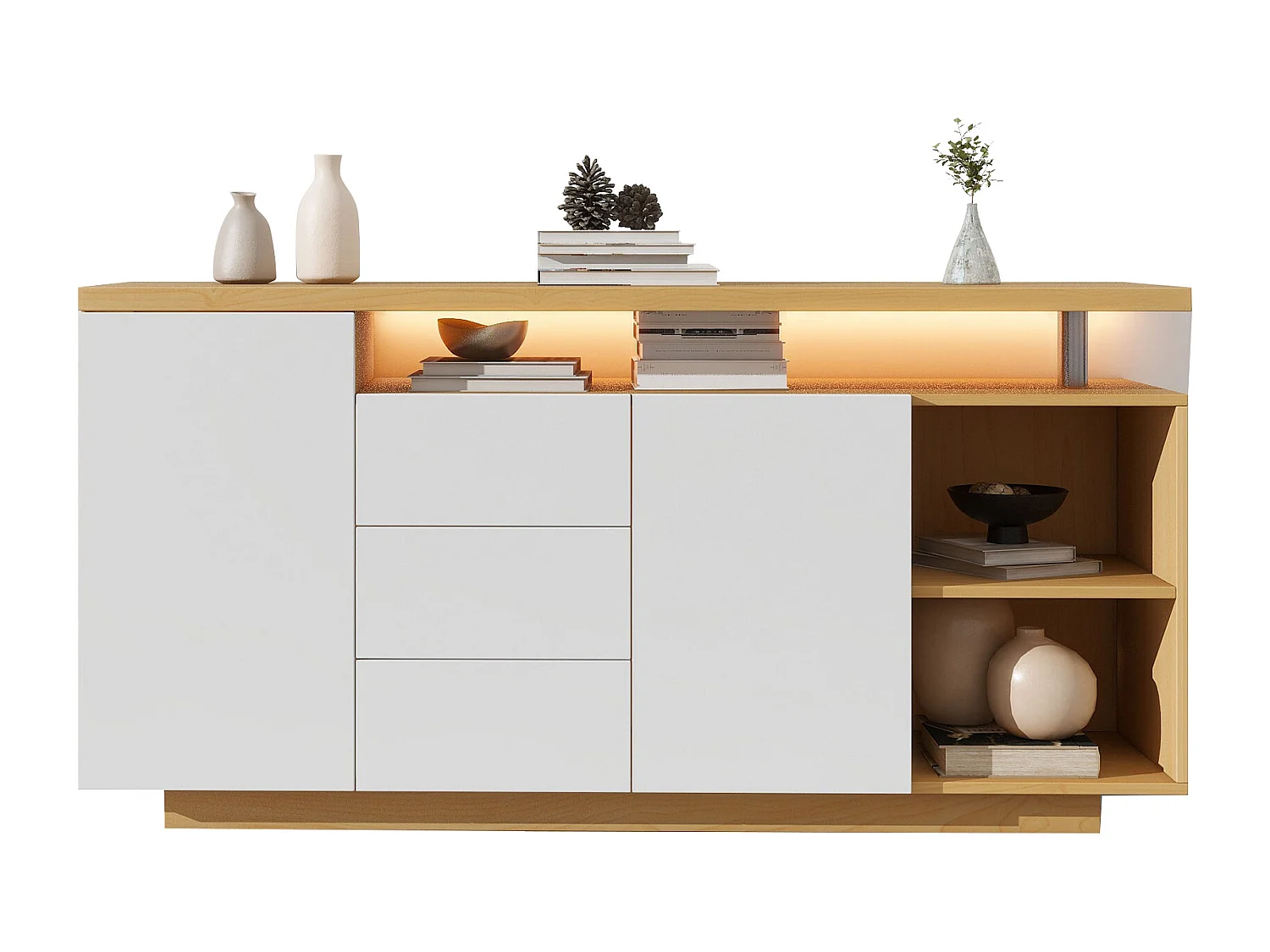 Natuurlijke dressoir 140 cm - Dressoir met 3 lades en 2 deuren - LED-verlichting en 2 open opbergvakken - voor eetkamer en woonkamer