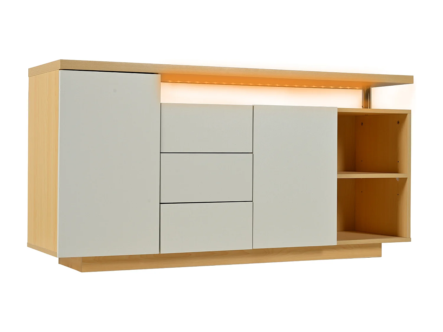 Natuurlijke dressoir 140 cm - Dressoir met 3 lades en 2 deuren - LED-verlichting en 2 open opbergvakken - voor eetkamer en woonkamer