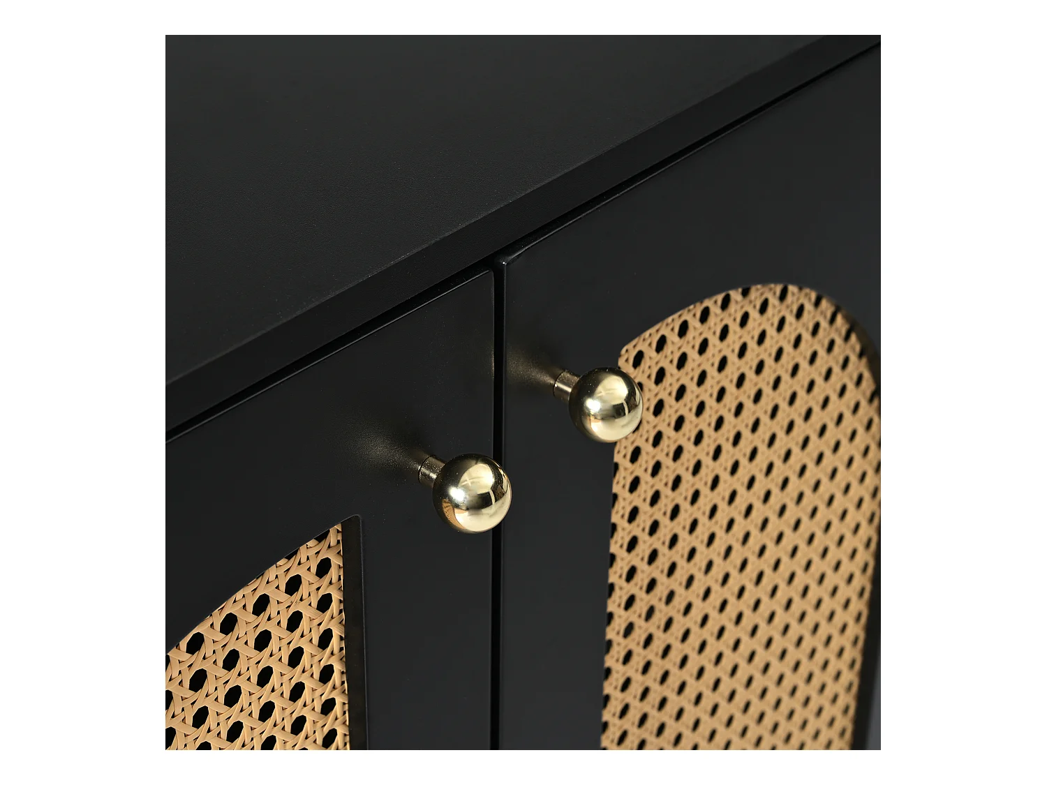 Buffet noir - Buffet avec 4 portes en rotin et poignées en métal - pour salle à manger et salon