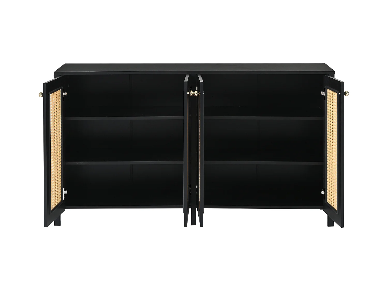 Buffet noir - Buffet avec 4 portes en rotin et poignées en métal - pour salle à manger et salon