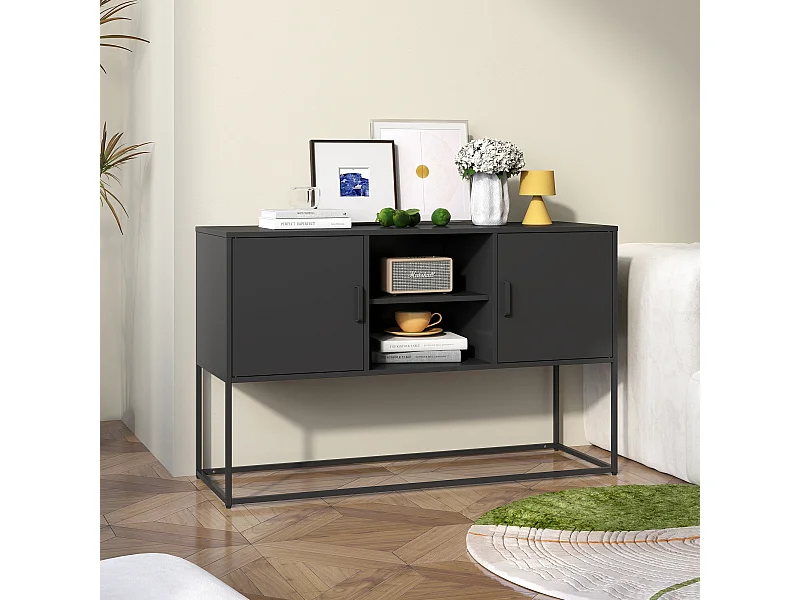 Buffet noir - Buffet avec 2 portes et rangement ouvert - pour salle à manger et salon