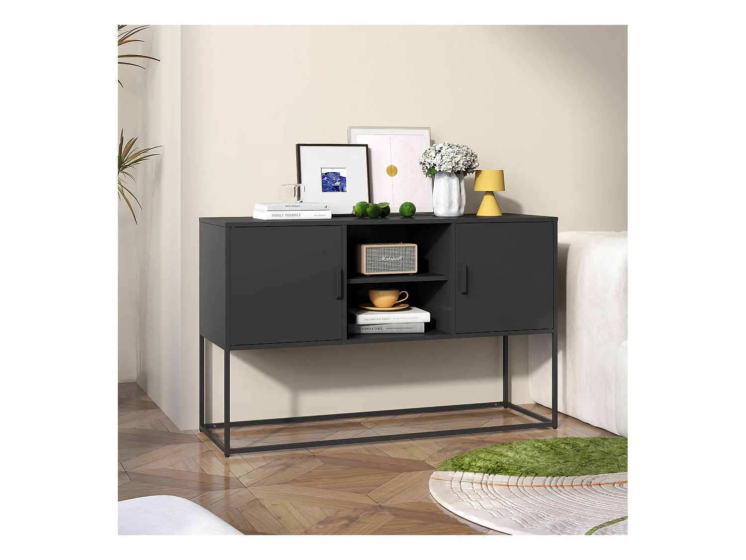 Buffet noir - Buffet avec 2 portes et rangement ouvert - pour salle à manger et salon