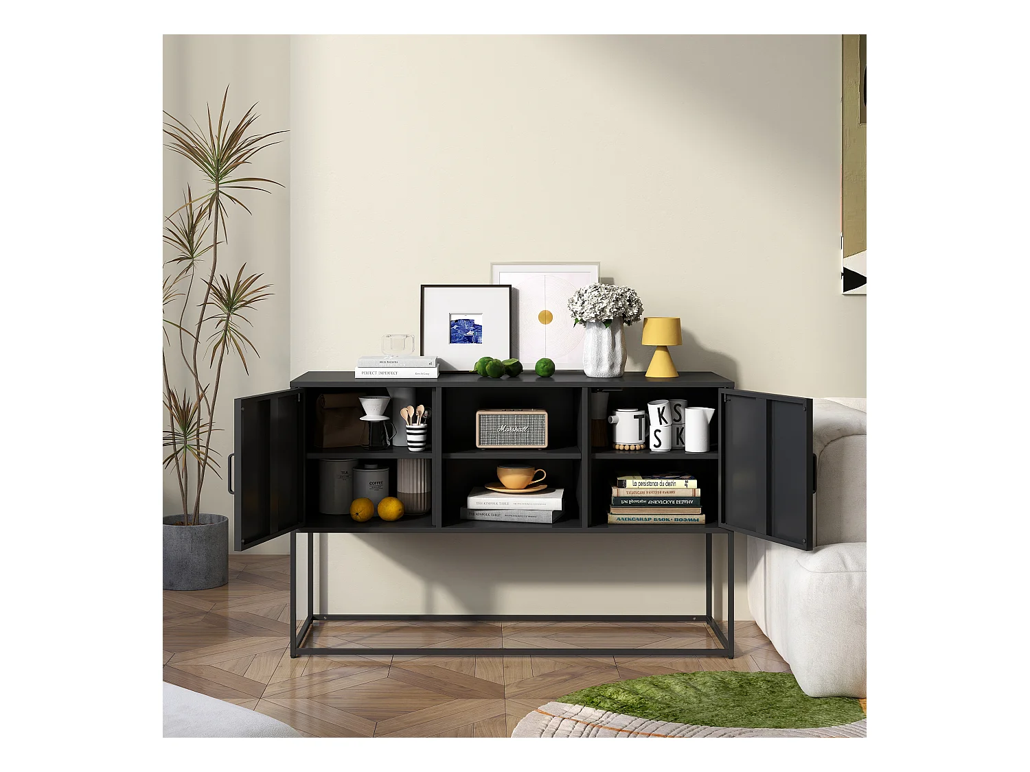 Buffet noir - Buffet avec 2 portes et rangement ouvert - pour salle à manger et salon