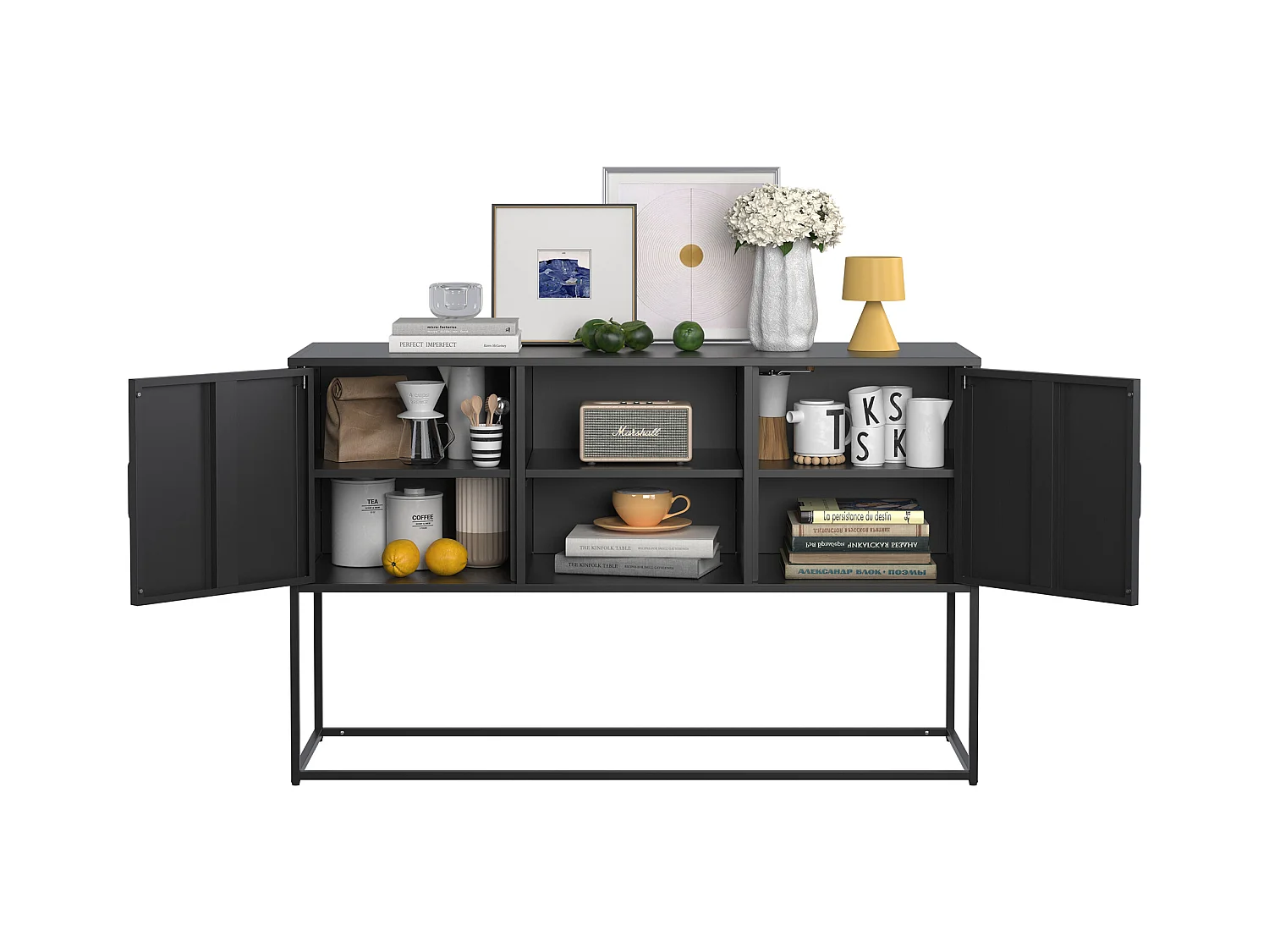 Buffet noir - Buffet avec 2 portes et rangement ouvert - pour salle à manger et salon