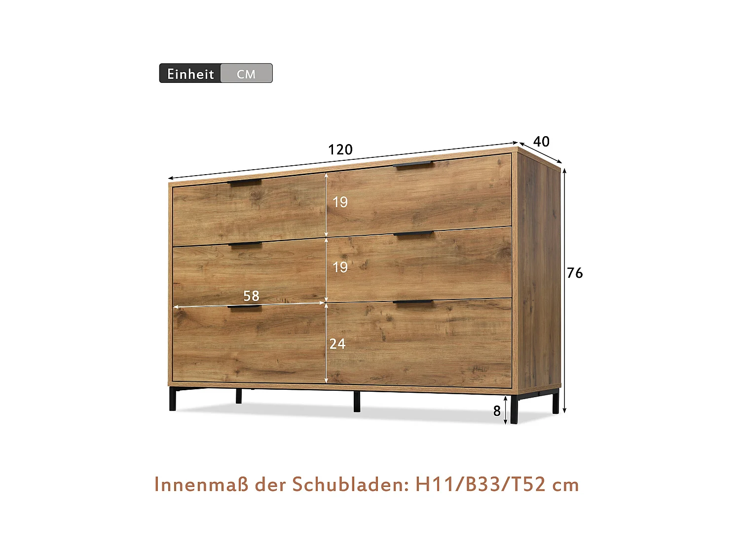 Credenza marrone - Credenza con 6 cassetti e gambe - rovere scuro - per camera da letto e soggiorno