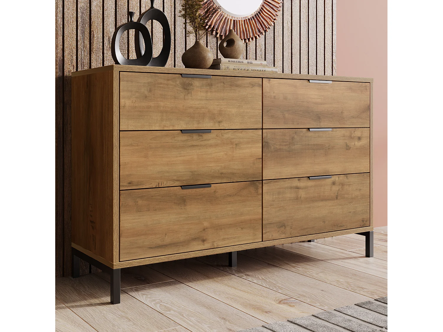 Commode à 6 tiroirs marron - avec 6 tiroirs et pieds - chêne foncé - pour chambre et salon