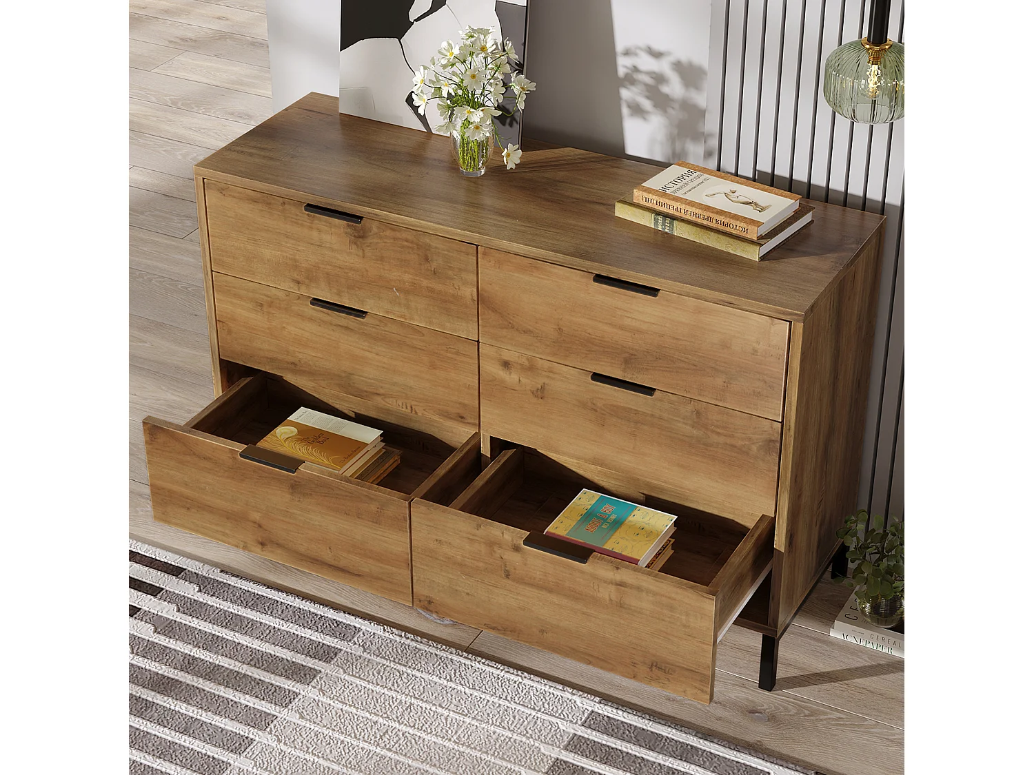 Commode à 6 tiroirs marron - avec 6 tiroirs et pieds - chêne foncé - pour chambre et salon