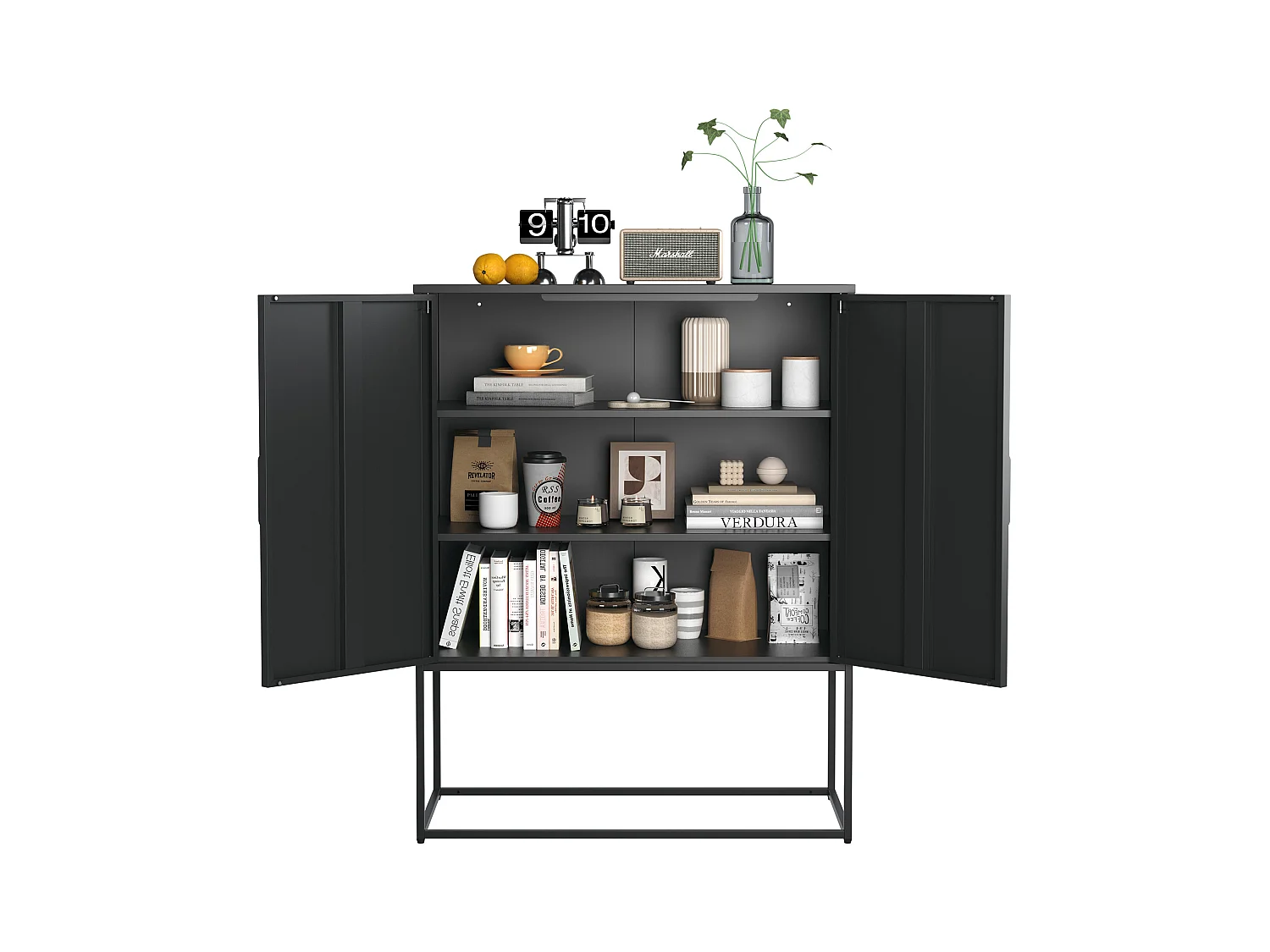 Buffet noir - Buffet avec 2 portes magnétiques et poignées en U - anti-basculement - pour salon et salle à manger