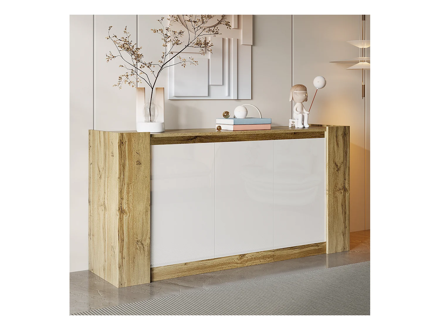 Credenza in legno naturale - Credenza con 3 ante e ripiani regolabili - ante inclinate come maniglie - per sala da pranzo e soggiorno