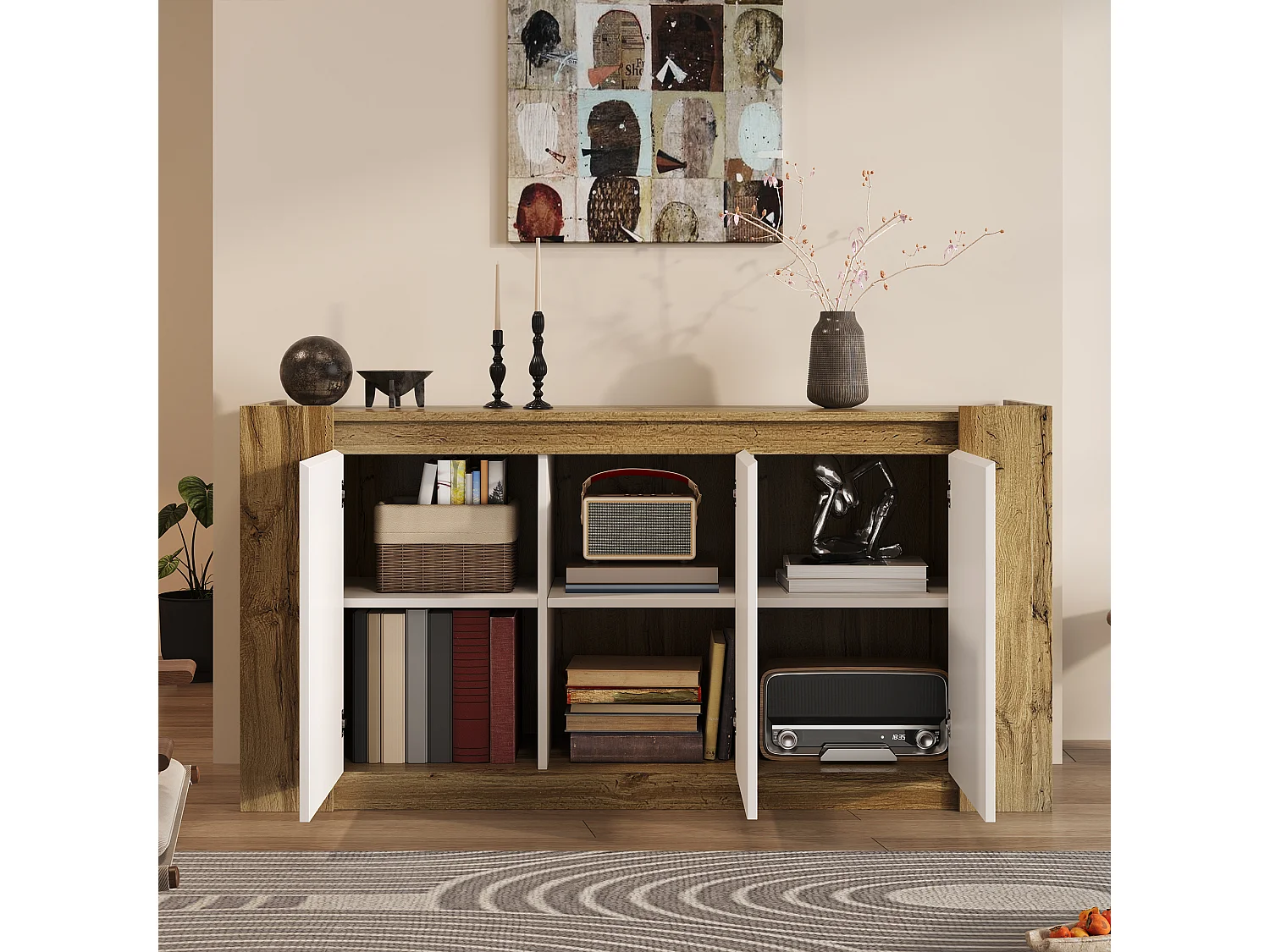 Aparador de madera natural - Aparador con 3 puertas y estantes regulables - puertas inclinadas como tiradores - para comedor y salón