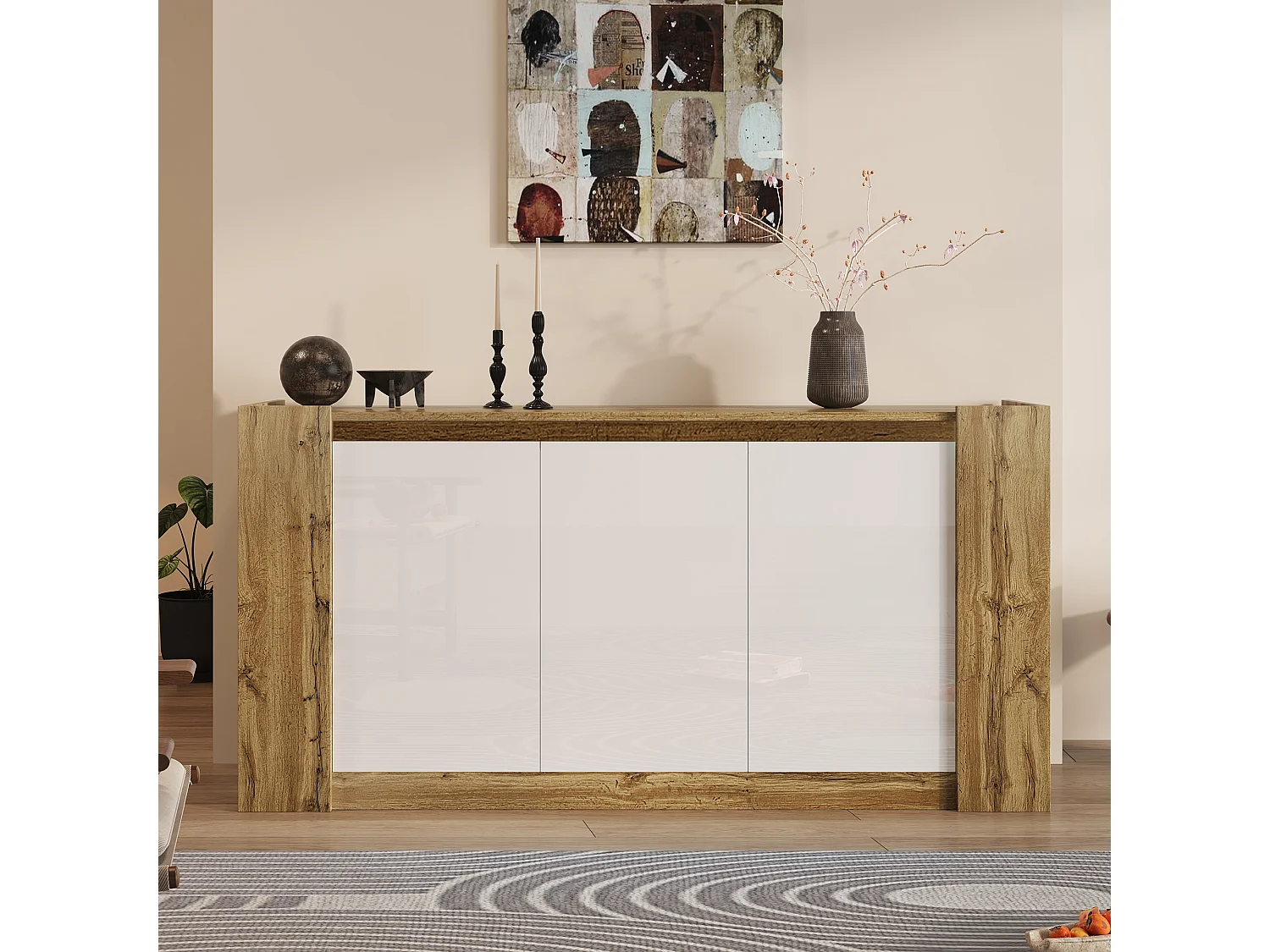 Aparador de madera natural - Aparador con 3 puertas y estantes regulables - puertas inclinadas como tiradores - para comedor y salón