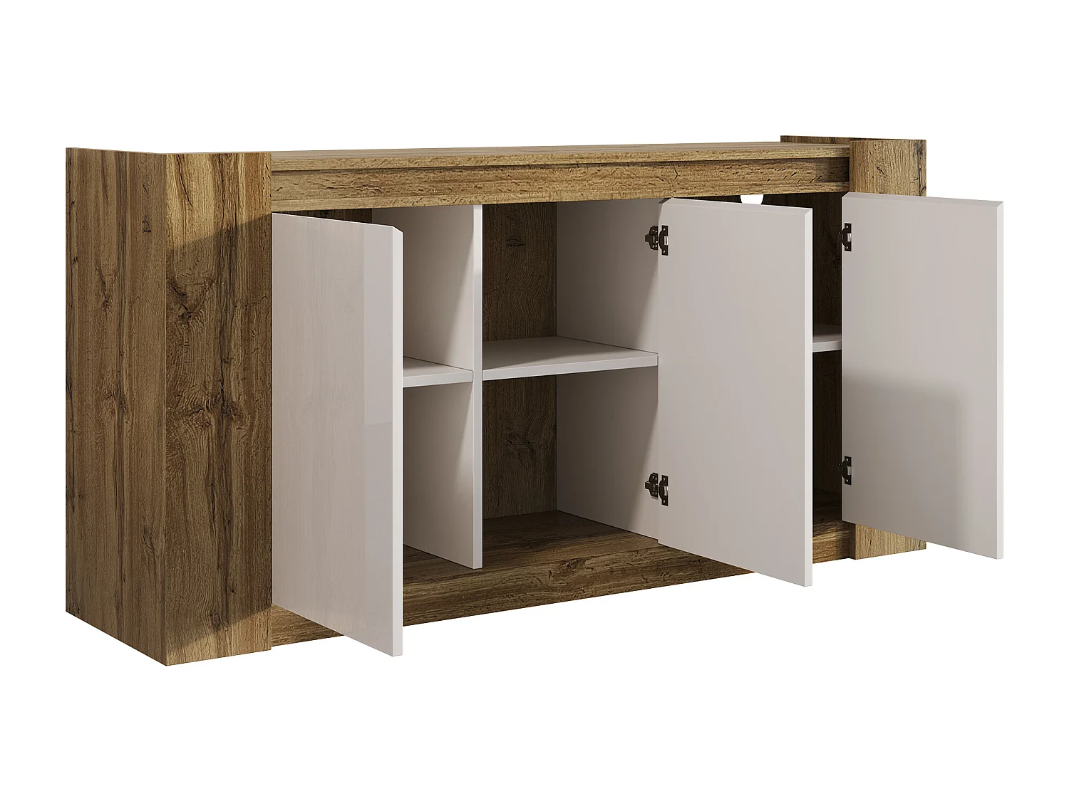 Aparador de madera natural - Aparador con 3 puertas y estantes regulables - puertas inclinadas como tiradores - para comedor y salón