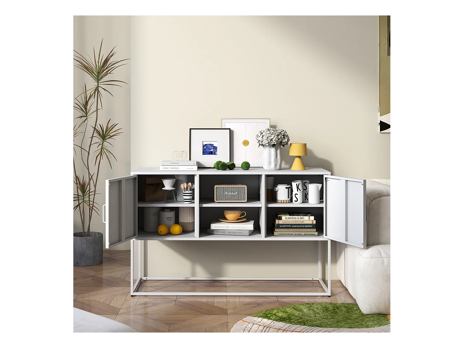 Buffet blanc - Buffet avec 2 portes et rangement ouvert - pour salle à manger et salon